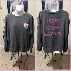 Wildfox I Wish It Was Saturday Gray Graphic Crewneck Sweatshirt XL
